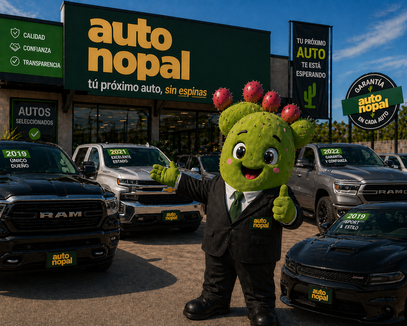 Sucursal Autonopal — exterior con autos seleccionados y mascota
